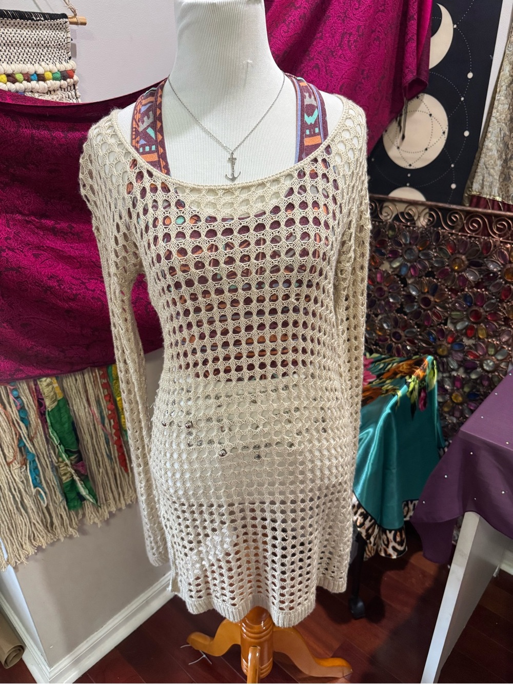 Cream Crochet Long Sleeve Beach Cover-Up Dress